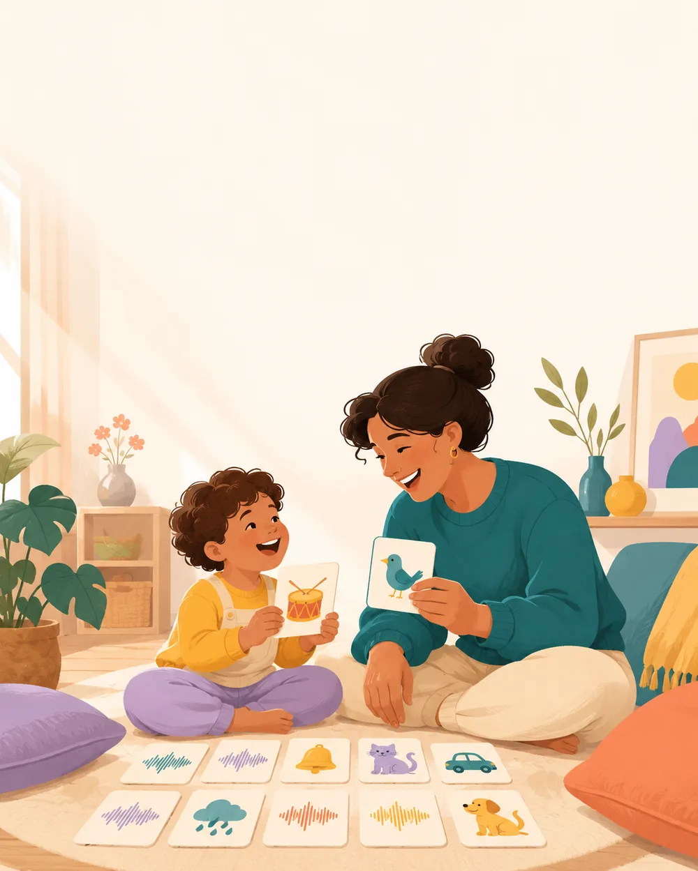A parent and child playing a speech game together at home