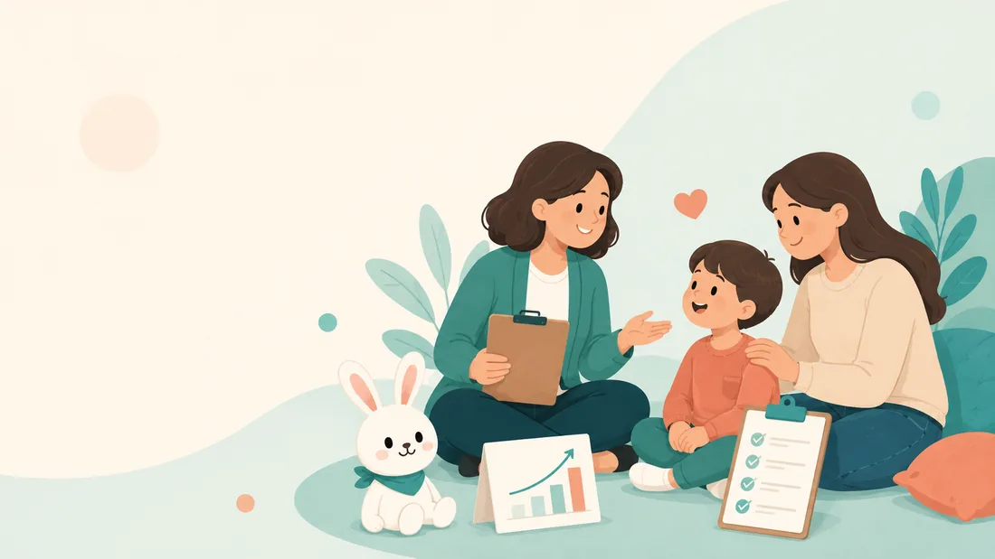 A speech-language pathologist and a family working together, with the Logopedia rabbit